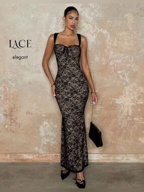 Black Lace Overlay Column Dress with Nude Lining and Camisole Straps Hot Sexy